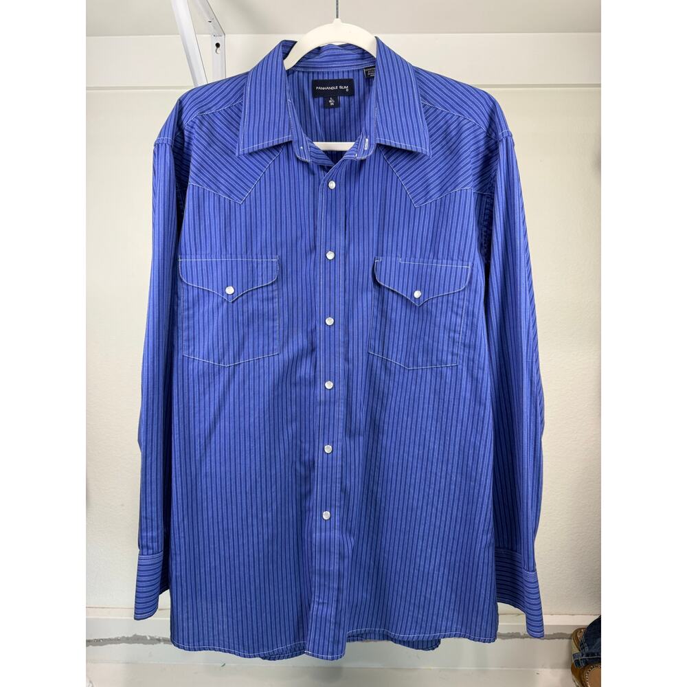 Panhandle Slim Pearl Snap Shirt Long Sleeve Blue Stripes Size‎ Large Men's